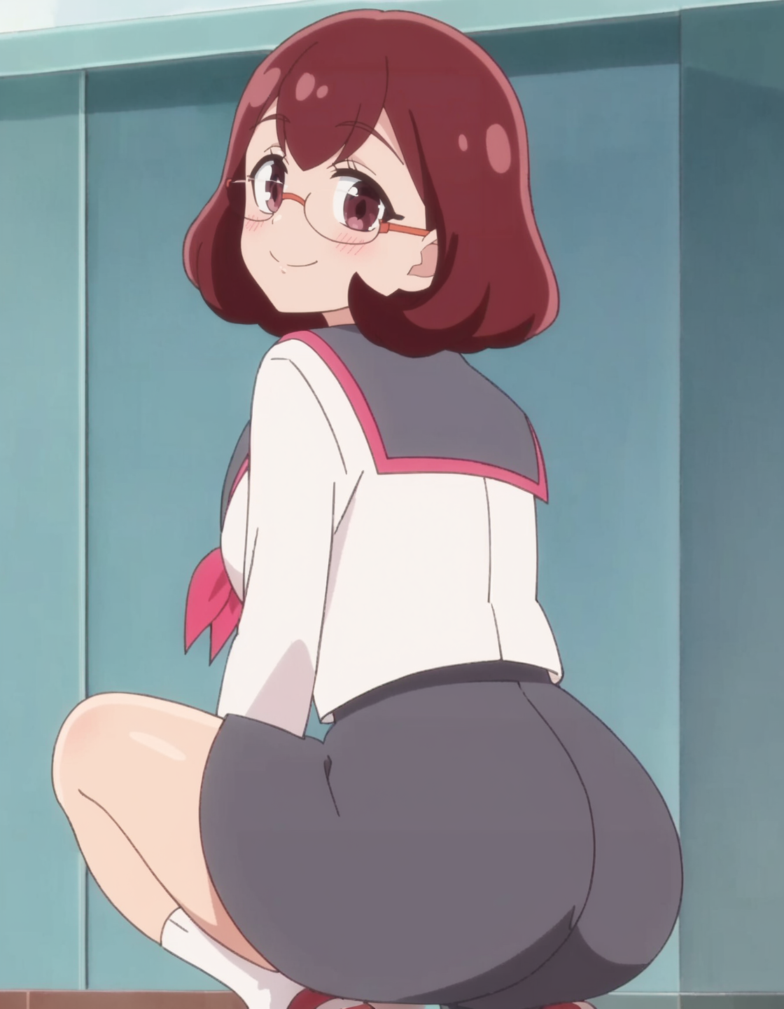 score_9, score_8_up, score_7_up, anime screencap, solo,1girl,higashinakamikoto, glasses, school uniform, smile, serafuku, skirt,  neckerchief, sailor collar,looking at viewer,,medium breasts,cowboy shot,blush ,from behind,squatting ass<lora:higashinakamikoto_pony:0.8>