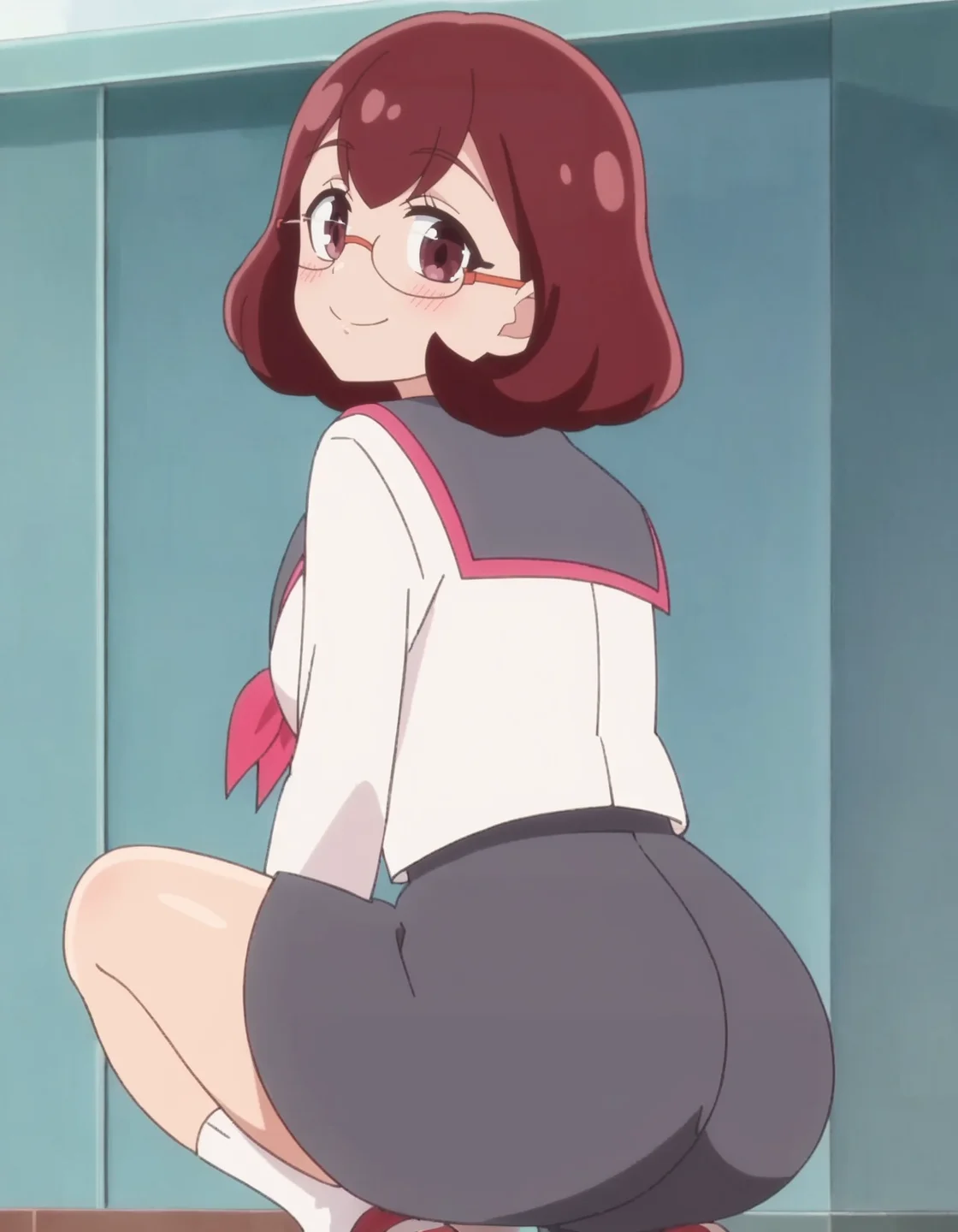 score_9, score_8_up, score_7_up, anime screencap, solo,1girl,higashinakamikoto, glasses, school uniform, smile, serafuku, skirt, neckerchief, sailor collar,looking at viewer,,medium breasts,cowboy shot,blush ,from behind,squatting ass<lora:higashinakamikoto_pony:0.8>