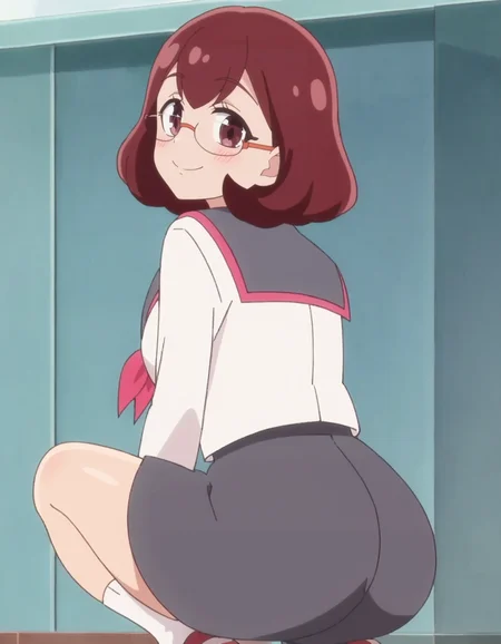 score_9, score_8_up, score_7_up, anime screencap, solo,1girl,higashinakamikoto, glasses, school uniform, smile, serafuku, skirt, neckerchief, sailor collar,looking at viewer,,medium breasts,cowboy shot,blush ,from behind,squatting ass<lora:higashinakamikoto_pony:0.8>