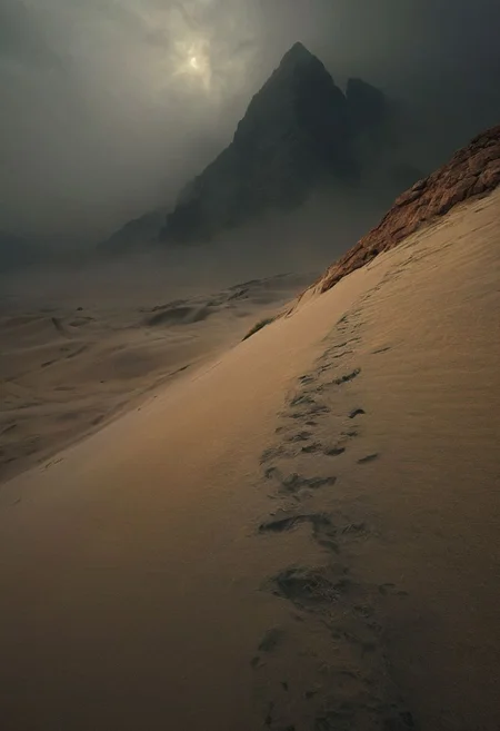 very dark focused flash photo, amazing quality, masterpiece, best quality, hyper detailed, ultra detailed, UHD, perfect anatomy, portrait, dof, hyper-realism, majestic, awesome, inspiring,Capture the thrilling ancient dune sand assassin ,swirling dust and desert sands. Embrace the action and chaos as these formidable forces clash in the heart of the dunes. cinematic composition, soft shadows, national geographic style ,style by Kelly Slater, style of Kelly Slate,art by Jeremy Mann