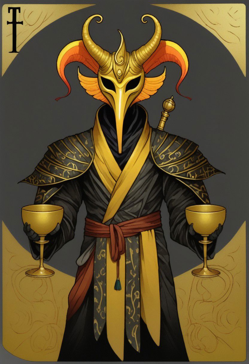 dark grey background, art déco, occultist, antiquarian, ((male tiefling)), byzanthine man in black and yellow robes, (ornate censer), ((man wearing golden ibis mask)), (((man wearing turban))), ((upwards shoulder pads)), golden horns, golden wings
