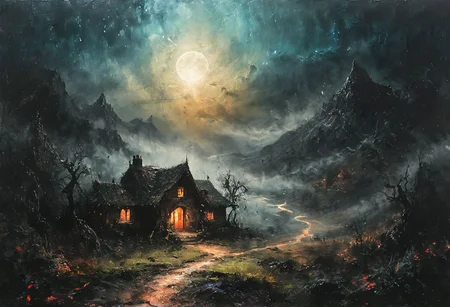 dark background, beautiful bright cloudy sky, gorgeous alien landscape, mountains, trees, earth houses, iridescent back glow, strong inner bright glow, fine details, bright light, ethereal, sparkling, sharp focus