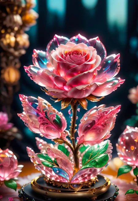 pink crystal rose flower, strong focus on subject, strong bokeh, empty background, <lora:SDXL\detailed_notrigger:0.5>, <lora:SDXL\add-detail-xl:0.5>, <lora:SDXL\SDXLFaeTastic2400:0.5>, <lora:SDXL\WowifierXL-V2:0.5>