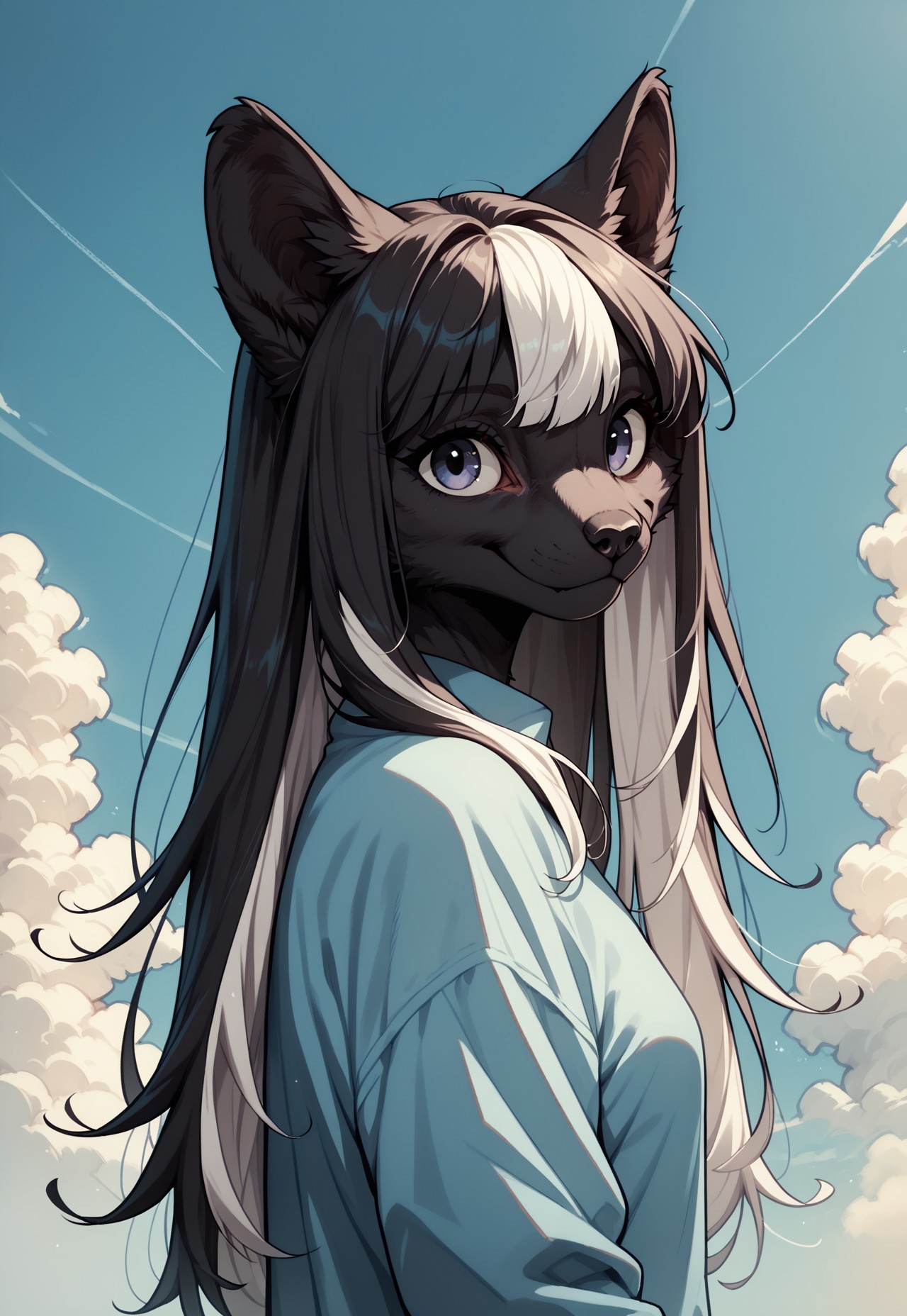 safe_pos, score_9, score_8_up, score_7_up, score_6_up, score_5_up, score_4_up, rating_safe, end_fl4t, 1girl, solo, long hair, white hair, multicolored hair, furry, black hair, furry female, two-tone hair, long sleeve shirt, tail, animal ears, smile, looking at viewer, closed mouth, sky, blue sky, upper body, black fur, bangs, small breasts, day, body fur, blue background, outdoors, animal nose, happy, from side, cloud
