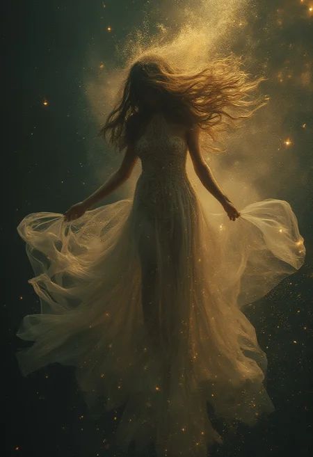 a cinematic shot of cosmic goddes descending from the night sky, wearing transparrent dress with longe patches of fabric flot in the air in various directions, she has extremely long hair, strong wind, glowing dust particles fly around, (no nudity)