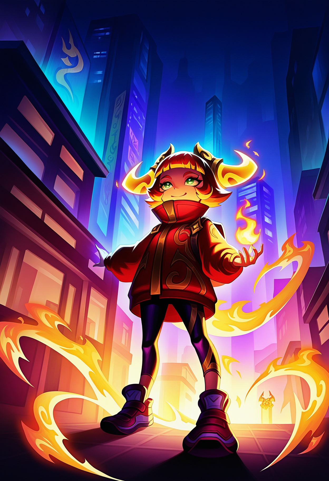 annie \(league of legends\),  debmjpy, lunar beast annie, league of legends, official art, 1girl, solo,  smile, short hair, bangs, forehead, short bangs, long sleeves, closed mouth, green eyes, standing, jacket, full body, outdoors, horns, shoes, blunt bangs, orange hair, leggings,  night, glowing, fire, building, city
(traditional media,:0.7)(hatching \(texture\),: :0.3)(masterpiece:0.5) scenery,