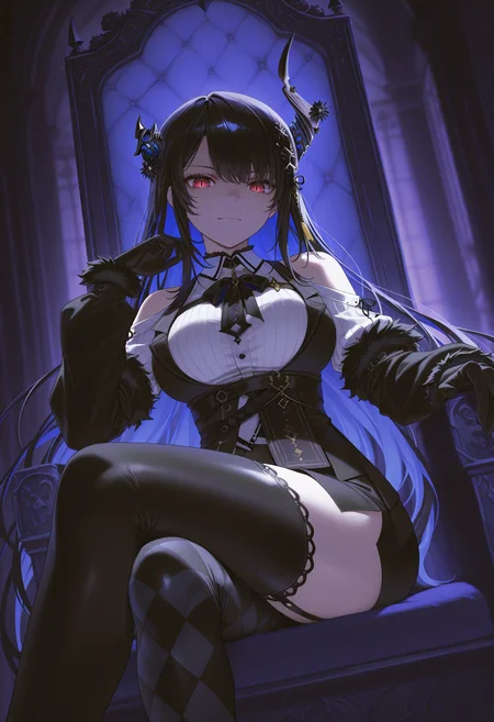 masterpiece, best quality, 1girl, solo, Ner1ssaDef, colored inner hair, black hair, blue hair, red eyes, slit pupils, uneven horns, long hair, hair ornament, black ribbon, fur-trimmed sleeves, black sleeves, collared shirt, white shirt, ribbed shirt, shoulder cutout, black gloves, black skirt, miniskirt, side slit, singe leg pantyhose, checkered pantyhose, black thighhighs, asymmetrical legwear, indoors, dark theme, purple theme, royal, crossed legs, sitting, on throne, dutch angle, serious, looking at viewer, slight smile, <lora:ChamNerissaRavencroftIllustriousXL:1>