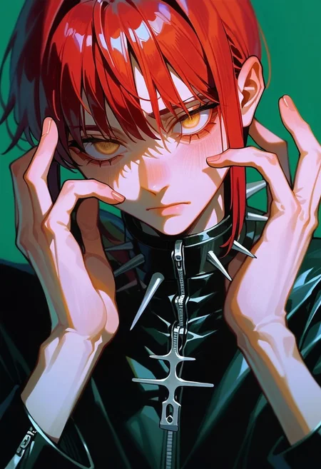 PonyScores7, score_9, score_8_up, score_7_up, Score_6_up, Score_5_up, Score_4_up, source_anime, hi res, masterpiece, best quality, detailed, amazing quality, detailed background, detailed eyes, clean eyes, best quality, highres, source_cartoon, mxstl_ps, solo, red hair, 1boy, male focus, simple background, yellow eyes, spikes, looking at viewer, zipper, short hair, jewelry, closed mouth, green background, upper body, bangs, spiked collar, hair between eyes, own hands together, fingernails, makima, traditional media