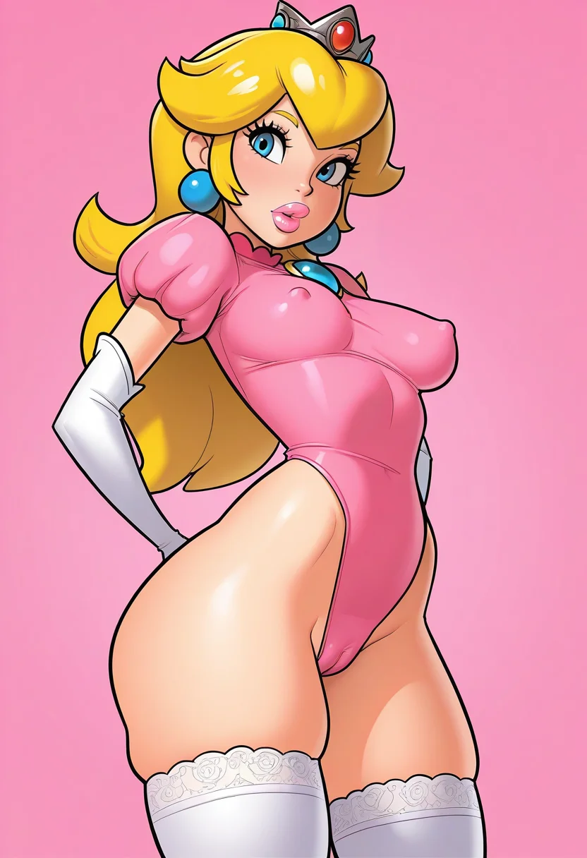 masterpiece, best quality,
<lora:jab:1> J0t44b, 1girl, solo, standing, looking at viewer, princess peach, blonde hair, tiara, pink lips, highleg leotard, skindentation, cameltoe, covered nipples, elbow gloves, thighhighs,