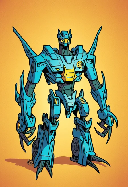 (Whirl_(IDW)), 1boy, Robot, (mecha), claw hands, camera head, claws, standing, arms at sides, (one-eyed), one eye, yellow eyes, metal skin, blue plating, looking at viewer, no humans, transformer, autobot, TransformersStyle, cartoon style, cartoon source,