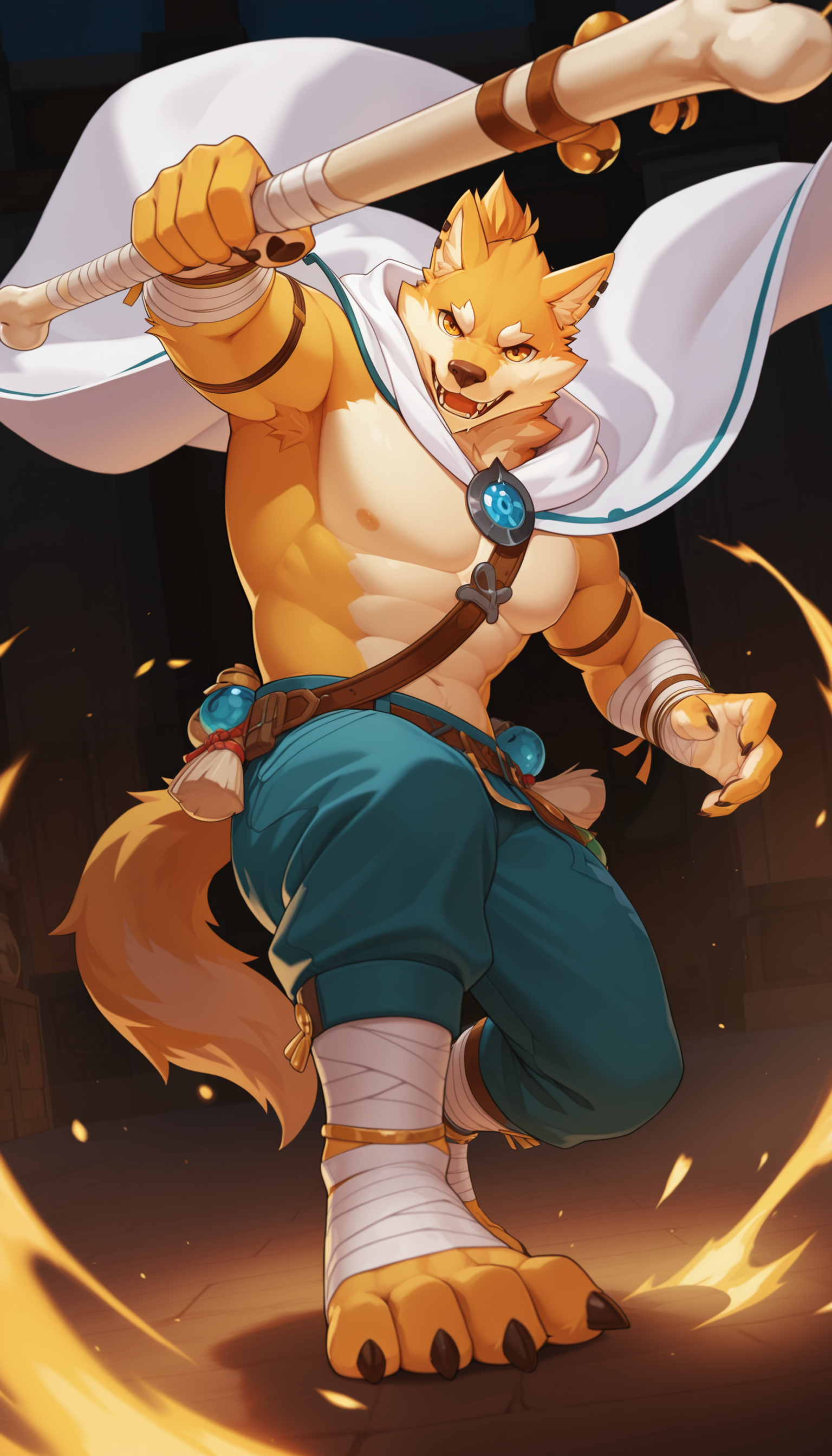 masterpiece, best quality, amazing quality, 1boy, solo,
ChangGYEE, wolf boy, furry, yellow fur, two-tone fur, earrings,
white cape, topless male, arm wraps, foot wraps, pants, bone staff,

action pose,