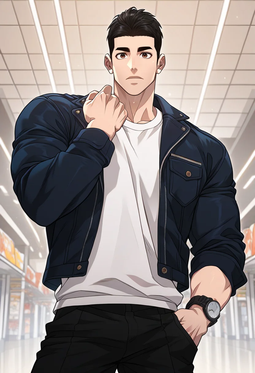 1boy, male focus, solo,
<lora:Character - Questism - Kang Sechan:1> kangsechan, black hair, brown eyes,
,((zPDXL)), score_9_up, score_8_up, score_7_up, score_6_up, score_5_up, score_4_up, best quality, amazing quality, best aesthetic, amazing aesthetic, absurdres, year2023, uncensored, very nsfw, official art, official style, detailed eye,
shoping mall,
cowboy shot, black jacket, white shirt, black pants, wristwatch,