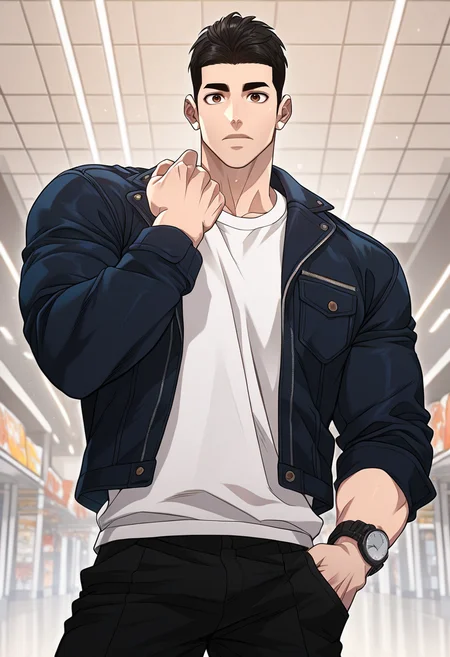 1boy, male focus, solo,
<lora:Character - Questism - Kang Sechan:1> kangsechan, black hair, brown eyes,
,((zPDXL)), score_9_up, score_8_up, score_7_up, score_6_up, score_5_up, score_4_up, best quality, amazing quality, best aesthetic, amazing aesthetic, absurdres, year2023, uncensored, very nsfw, official art, official style, detailed eye,
shoping mall,
cowboy shot, black jacket, white shirt, black pants, wristwatch,