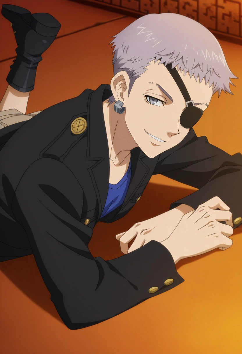 masterpiece, best quality, anime screencap, official style, anime coloring, cowboy shot, 1boy, solo, male focus, <lora:takashi_mitsuya_ilxl:0.9>, takashi_mitsuya, grey hair, grey eyes, short hair, single earring, gakuran, black jacket, uniform, close-up, great wall of china, dawn, lying, on stomach, seductive smile, Shorts, NavyBlue Tank top, Monk strap boots, Newsboy cap with ear flaps, Eye Patch and and