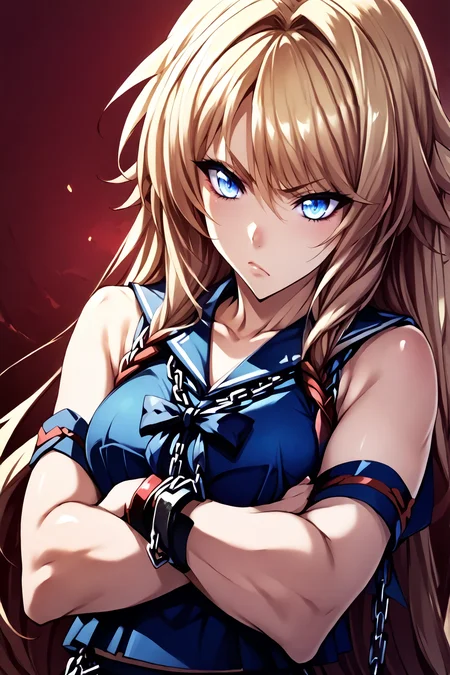 score_9, score_8_up, score_7_up, score_6_up, score_5_up, score_4_up, profile picture, <lora:intricate_details:1.5> intricate_details_xl BREAK
<lora:Tsujidou_Ai2.0:1> 1girl, solo, Tsujidou Ai, long hair, blonde hair, blue eyes, (glowing eyes:0.7), chains, serafuku, simple background, red background, dark theme, gradient background, crossed arms, (pout:0.9), light frown