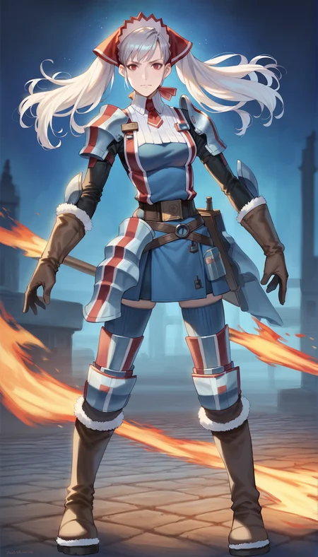 score_9,score_8_up,score_7_up,
realistic,highly detailed,
<lora:aliciamelchiott:0.9>,aliciamelchiott,1girl,solo,
awakened valkyria,in game style,white hair,twintails,red eyes,headdress,military uniform,white collar,red necktie,armor,brown gloves with fur trim,brown belt,dark blue skirt,dark blue thighhighs,knee boots with fur trim,full body,
(final flame:1.2),(blue flame:1.1),battle ground,particle effects,dark,night,vignetting,blurry background,