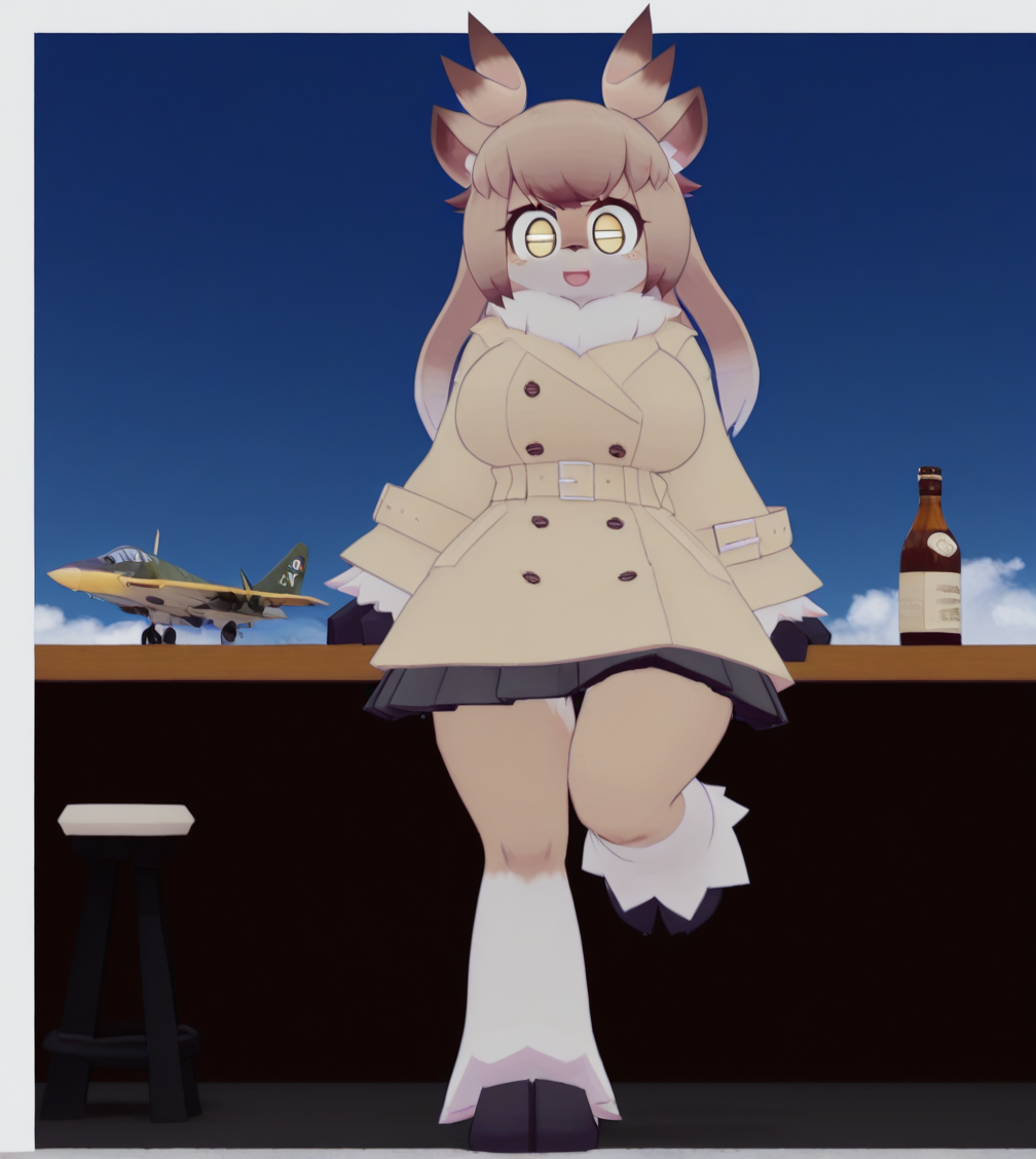 1girl, wild hips, huge breasts, aircraft, airplane, breasts, chengdu j-10, chinese text, cloud, feet, full body, holding, jet, looking at viewer, mecha musume, military, military vehicle, open mouth, personification, sky, smile, solo, standing, standing on one leg, white border, bar, counter, bottle, glass, stool, dim lighting,
ãªã¼ãã¢(ã·ã¼ã¬ï¼crepix),
furry female,deer girl,
body fur,white fur,brown fur,two-tone fur,
animal ears,
antlers,horns,
long hair,brown hair,colored tips,
white tips,
bangs, sidelocks,
gold eyes,
animal hands,
trench coat,brown coat,
belt,
pleated skirt,black skirt,
animal legs,hooves,
intricate details,detailed background, 3D,
<lora:noobaiXLNAIXL_epsilonPred11Version-lora:0.1> <lora:anatomy_helper:1> <lora:BallsDeep-IL-V2.2-S-NoMask-WithCloseups:1> <lora:Curve slider IXL2_alpha16.0_rank32_full_last:3><lora:ãªã¼ãã¢ã·ã¼ã¬crepix:1>