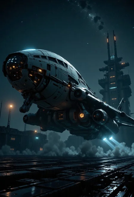 nistyle, in the style of ck-mgs,, in the style of cksx, ckspaceship, silhouette art, chiascuro, a futuristic, highly advanced fighter plane taking off from an aircraft carrier at night, viewed diagonally, it's landing carriage not retracted. The plane is made of a dark gunmetal alloy with rivets, bolts, glowing LEDs and diodes, and has large guns mounted on the exterior; the cockpit shows glowing led lights, and has a large air intake