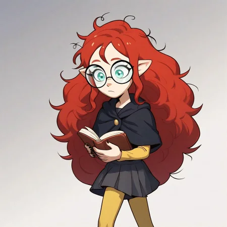 score_9, score_8_up, score_7_up, score_6_up, score_5_up, score_4_up, 1girl, solo,
pointy ears, messy hair, hair between eyes, young lilith, sidelocks, red hair, curly hair, very long hair, aqua eyes, black nails,round black glasses,school uniform, grey shirt, capelet, yellow sleeves, grey skirt, yellow leggings, walking holding books in arms,