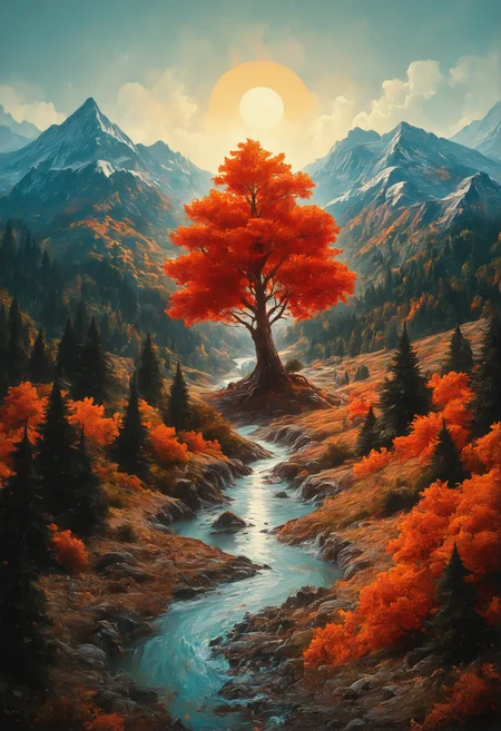 masterpiece, best quality, good quality, very awa, very aesthetic, absurdres, newest, outdoors, sky, day, cloud, water, blue_sky, tree, no_humans, scenery, nature, forest, rock, mountain, sun, autumn_leaves, river, mountainous_horizon, autumn, landscape, stream, pine_tree, opill