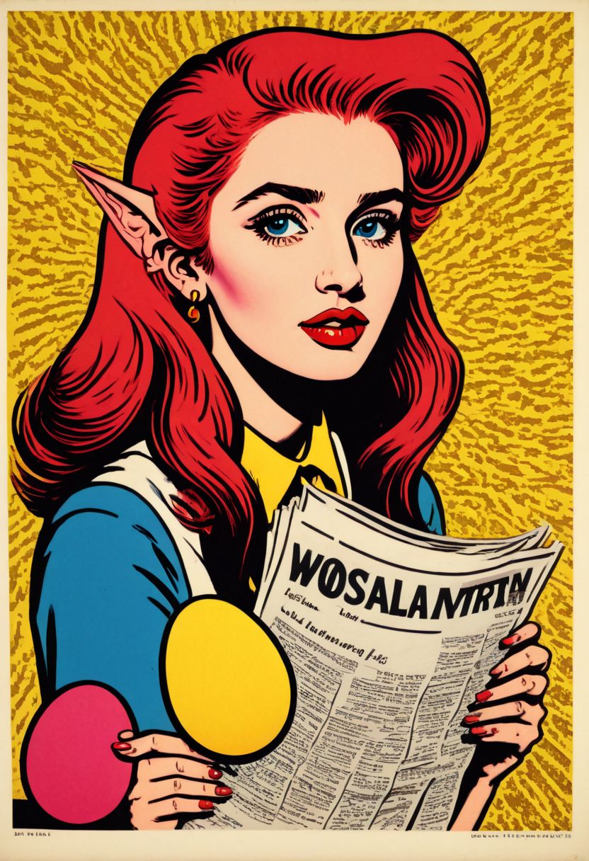 prtxztl,  1girl, pointy ears, solo, red hair, blue eyes, long hair, lipstick, easter eggs, russian decor, propaganda art, blink and you'll miss it historical detail , screen printing, halftone printing, contemporary art, modern art, graphic art, commercial art, bold colors, bold lines, comic book style, comic art, advertising art, kitsch, retro style, vibrant colors, flat color, newsprint texture, illustration, art by Andy Warhol and Roy Lichtenstein, retro art style, ligne claire, pop art, vintage advertising poster