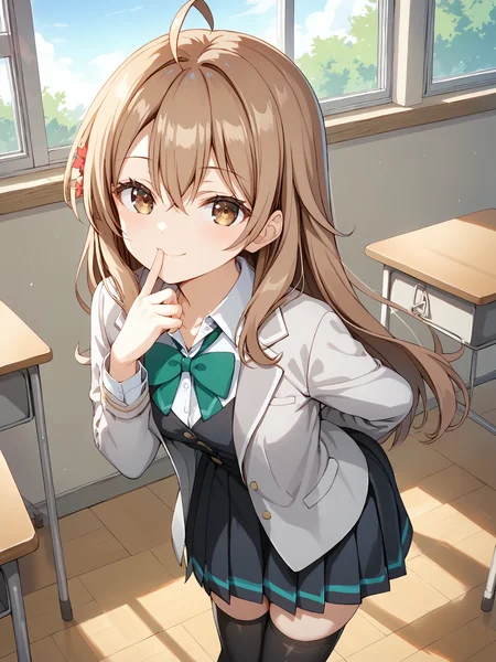 score_9, score_8_up, score_7_up, source_anime,
masha_ane, long hair, brown hair, ahoge, hair between eyes, hair red flower, hair ornament, brown eyes,
1girl, solo, full body, looking at viewer, cowboy shot, indoors, classroom, windows, blue sky, inviting,
light smile, leaning forward, arms at back, hand to mouth,
school uniform, grey jacket, open jacket, long sleeves, green bow, white shirt, collared shirt, black vest, button, black dress, black thighhighs,
<lora:hinaAlyaMashaYuki_wifu_v2:0.8>