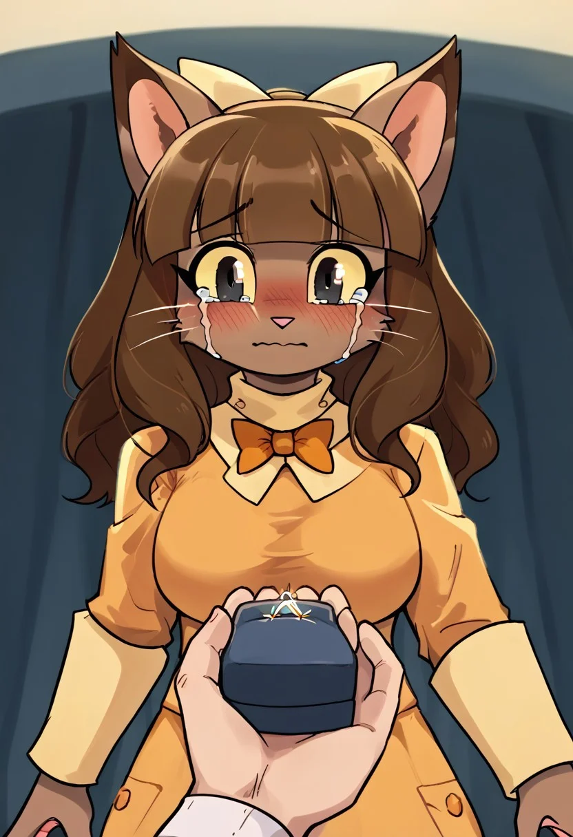 score_9, score_8_up, score_7_up, rating_safe, source_cartoon, (close up on face, focus face), beautiful, emotional, covering mouth, looking down, 1girl, furry girl, adult female, ivy, brown long hair,braids,blunt bangs,black eyes, colored sclera, yellow sclera, no human, furry, brown furr, cat ears,ivydress, orange bowtie,yellow coat, || yellow hair bow,, large breasts, <lora:ring-box-ponyxl-lora-nochekaiser:1>, ring box, ornate ring, marriage proposal, human hand holding ring, (one ring), diamond ring, human hand holding box, pov, pov hand, single hand holding box,, blush, super embarrassed, happy, tears of joy, blush, bed room,, looking down, cowboy shot, <lora:streaming-tears-ponyxl-lora-nochekaiser:1>, streaming tears, crying, tears,negative_hand