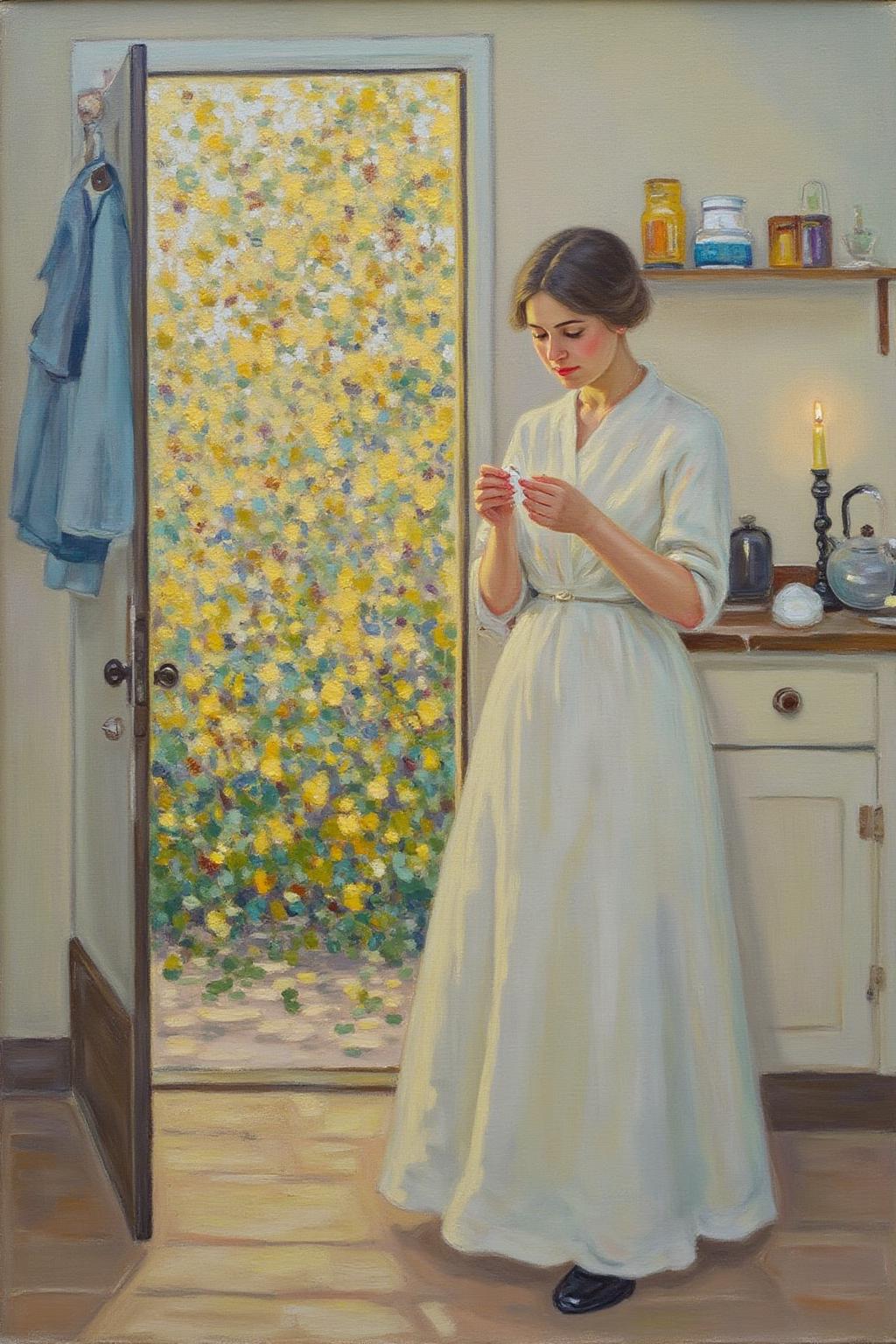 helenmcnicoll2 painting.
On the right, a woman stands in a softly lit room, looking at something she holds in her hand. On the left, an open door reveals a garden bathed in warm, golden light. The garden is filled with a dense, glowing canopy of foliage.
There are some clothes hanging behind the door. A counter stands behind the woman, with a kettle and a candle holder on it.
 <lora:helenmcnicoll2_cap_d6a3:1.0><lora:838469490107980570:0>