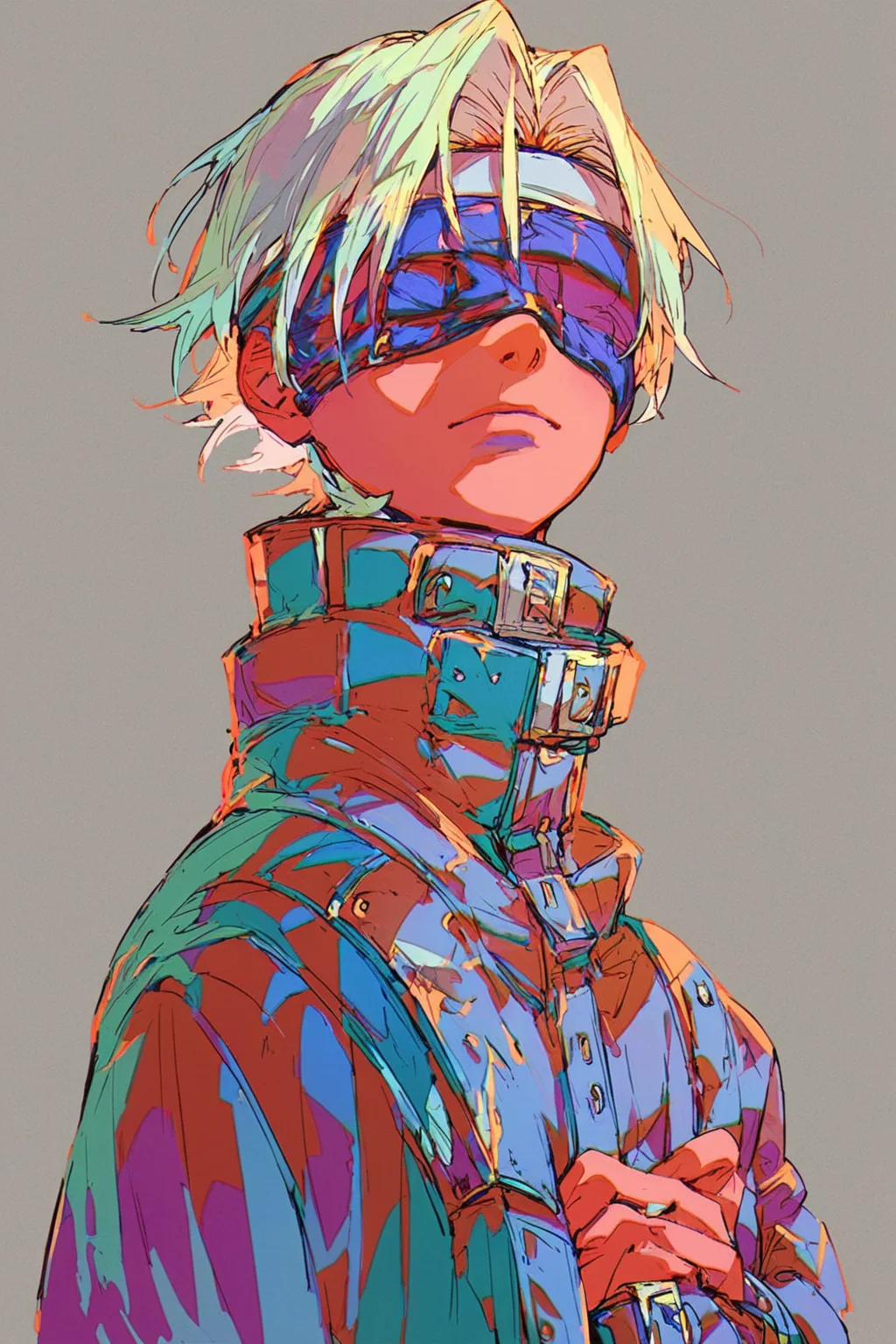score_9, score_8_up, score_7_up, blindfold, purple blindfold}, solo, solo focus, portrait, grey background, Hands on the waist, looking to the side, <lora:mizucx:1.5>