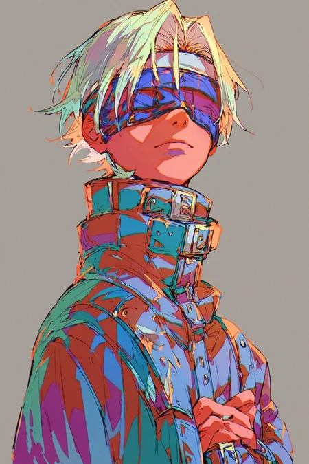 score_9, score_8_up, score_7_up, blindfold, purple blindfold}, solo, solo focus, portrait, grey background, Hands on the waist, looking to the side, <lora:mizucx:1.5>