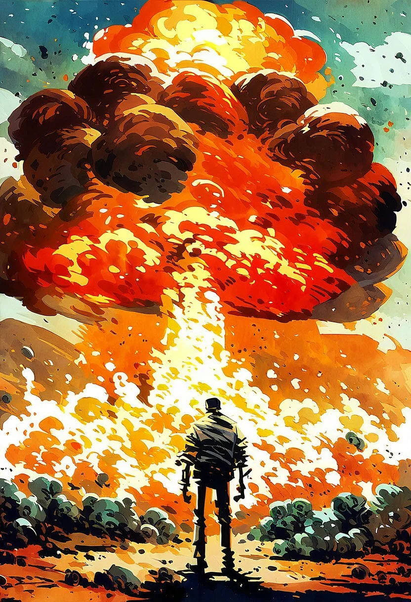 score_9, score_8_up, score_7_up, score_6_up, 1boy, watercolor painting, cowboy shot, ((half man, half skeleton engulfed in explosion)), nuclear blast, eruption, screaming, Spontaneous human combustion, fire inside heart, ripping apart flesh, expressive, black linework, Nuclear Explosion