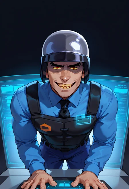 score_9, score_8_up, score_7_up, score_6_up, perfect anatomy, perfect proportions, best quality, masterpiece, high_resolution, high quality, best quality, best aesthetic, incredibly absurdres, highres, extremely detailed, huge filesize, male focus, solo male, adult, mature, masculine, manly, handsome, charming, alluring, seductive, gay, bara, Benrey, HLVRAIBenrey, red pupil, yellow sclera, sharp teeth, tired, frowning, droopy eyes, thin, pale, lifeless, pissed, eyes in shadow, shaded face, HLVRAIBenry_outfit, Black Mesa security guard uniform, security guard uniform, dark helmet, blue shirt, long sleeves, black necktie, black bulletproof vest, dark blue pants, black boots, open mouth, mischievous, middle aged, solo, 1boy, pov, from above, bent over hologram monitor, hands on hologram monitor, scanner, looking at viewer, smug, smirk, outdoors, simple white background, sci-fic, lab