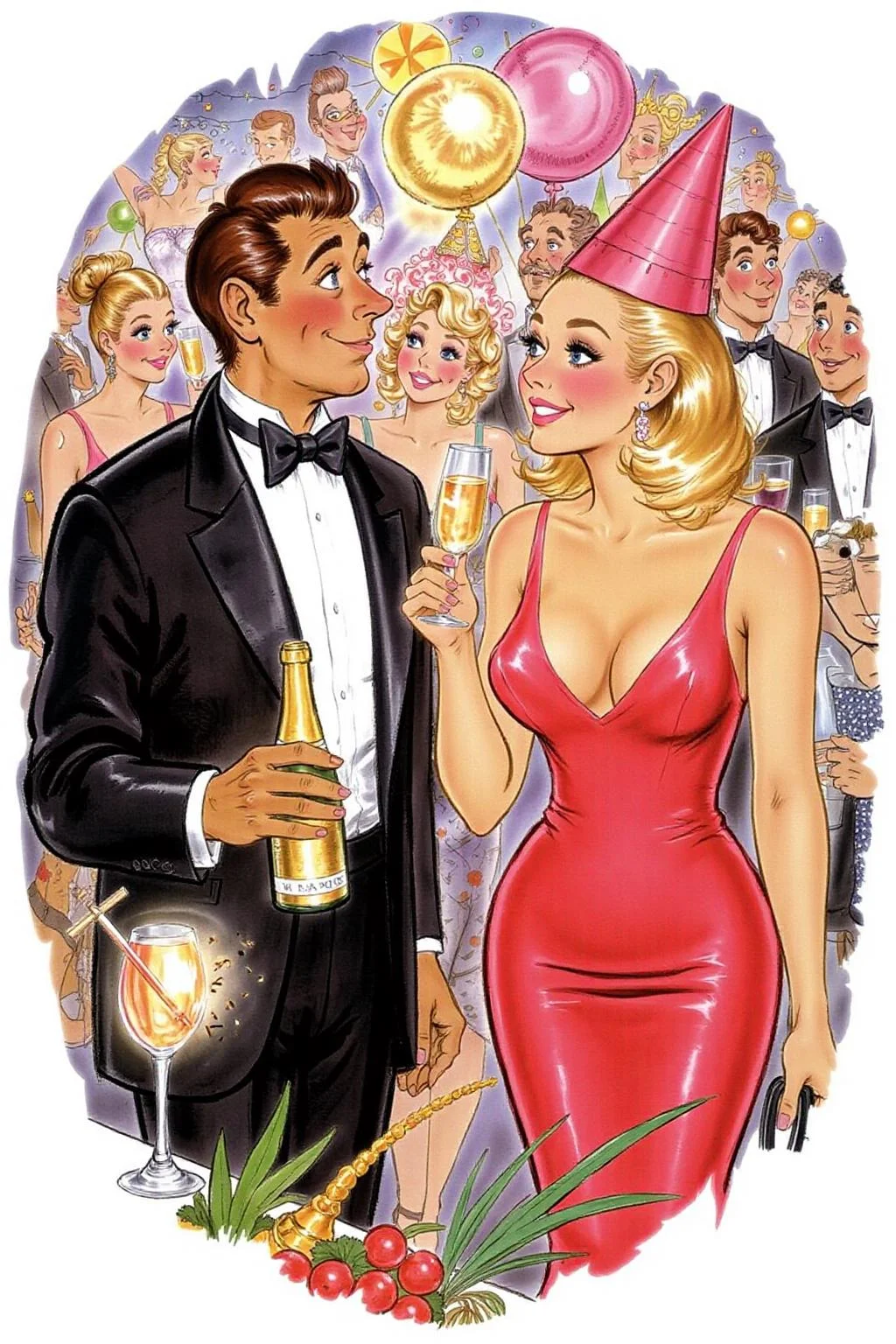 d0sn Illustration.
A man in a black tuxedo and a woman in a red dress are at a party. The man is holding a champagne bottle in his left hand. The woman has blonde hair and a pink hat on her head. <lora:d0sn_illus1_fl_d6a3:1.0> <lora:Flux-Sch-SingleBlocks-BF16:1.0><lora:803573705461585609:0>