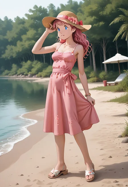 score_9_up, score_8_up, score_7_up, score_6_up, masterpiece, best quality, high quality, newest, highres, cote_style, 1girl, pink hair, long hair, blue eyes, medium breasts, summer dress, sandals, hat, outdoor, river, playing with puppy
