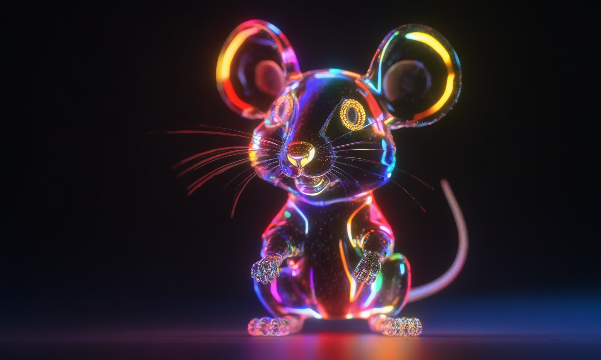 <lora:shineglasscd_xl-000005:0.7>,a (shineglasscd_xl,shine glass,neon lights,light particles,colorful:1.3,gradient,chromatic aberration) mechanical rat,no humans,long-focus,tilt-shift,dark background,simple background,full body,chinese zodiac,cutie,cute,still life,front view,facing viewer,looking at viewer, emotional,harmonious,high budget,moody,epic,gorgeous,perfect lighting,realistic,photorealistic,photographic,photo (medium),real,moody lighting,volumetric lighting,reality ray tracing,8K,HDR,UHD,masterpiece,best quality,highly detailed,high resolution,finely detail,extremely detailed,ultra detailed,wallpaper