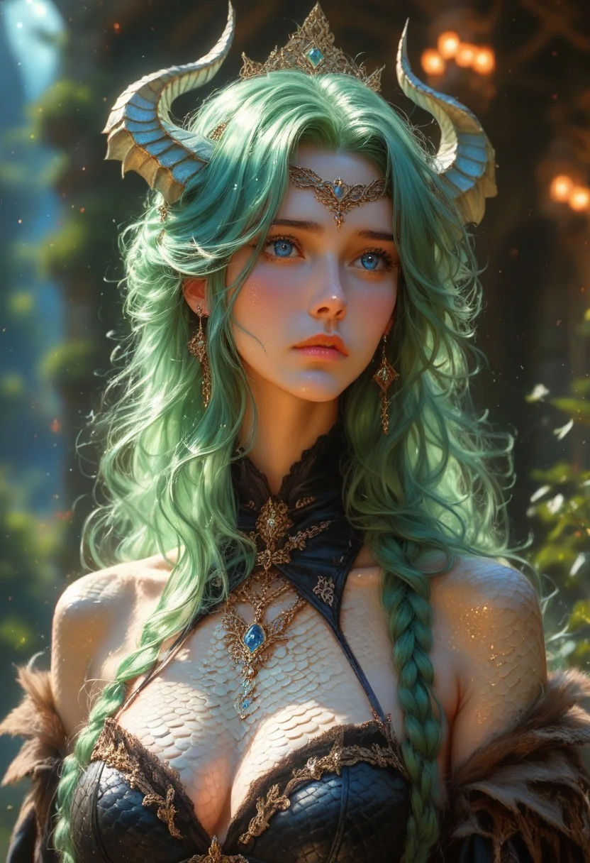 score_9, score_8_up, score_8, score_7_up, score_7, beautiful elven girl, green hair, shy, scales, scaled skin, black scales, hair over half of face, blue eyes, leather clothing, brown leather, 1girl, female focus, fantasy, night background, (dynamic lighting:1.1)
((masterpiece))
HDR