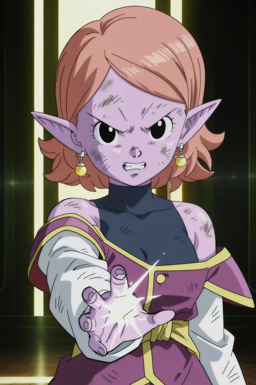 anime screencap, masterpiece, best quality, amazing quality, very aesthetic, absurdres, newest, (scenery, volumetric lighting),
chronoa, 1girl, solo, bare shoulders, potara earrings, upper body, teeth, orange hair, pointy ears, black eyes, colored skin, parody, clenched teeth, magic, outstretched arm, purple skin, glowing, arm by side, white sleeves, sleeveless turtleneck leotard, purple tunic, kai tunic, looking at another, detached sleeves, collarbone, dirty face, dirty, blue leotard, small breasts, off shoulder, official style, dappled sunlight, short hair,
<lora:Chronoa_IL:0.8>