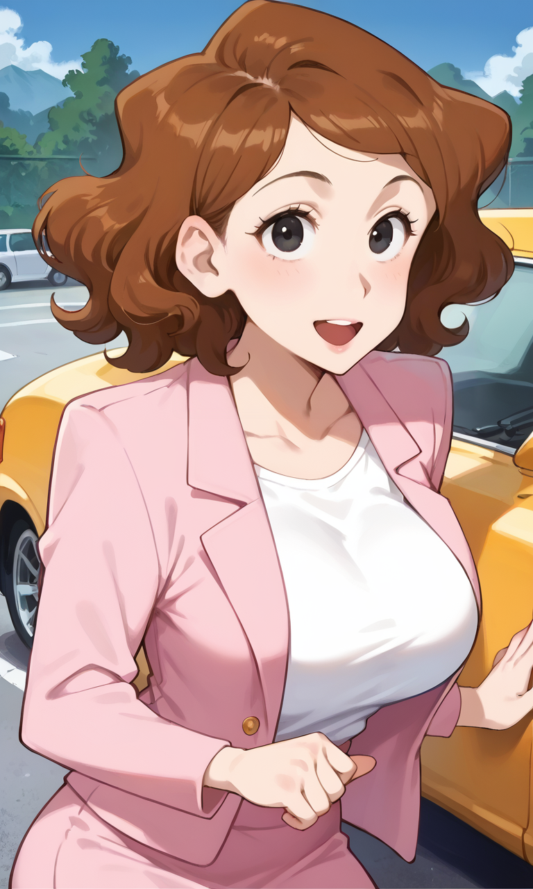 (1girl:1.5), (solo:1.3), (score_9, score_8_up, score_7_up, score_6_up, score_5_up, score_4_up), (source_anime), rating_questionable, looking at viewer, (upper body:1.3), outdoors, 
 <lora:hayashi-mari_v1:0.8> (hayashi-mari), (black eyes, eyelashes, brown hair, medium hair, curly hair, curly bangs, voluminous hair, fluffy hair, parody hair, mature female), (pink suit, pink jacket, long sleeves, white shirt, pink skirt, miniskirt, pencil skirt, no socks, black high heels), (huge breasts, wide hips, thick thighs),
smile, happy, open mouth, 
(yellow car clash:1.5),