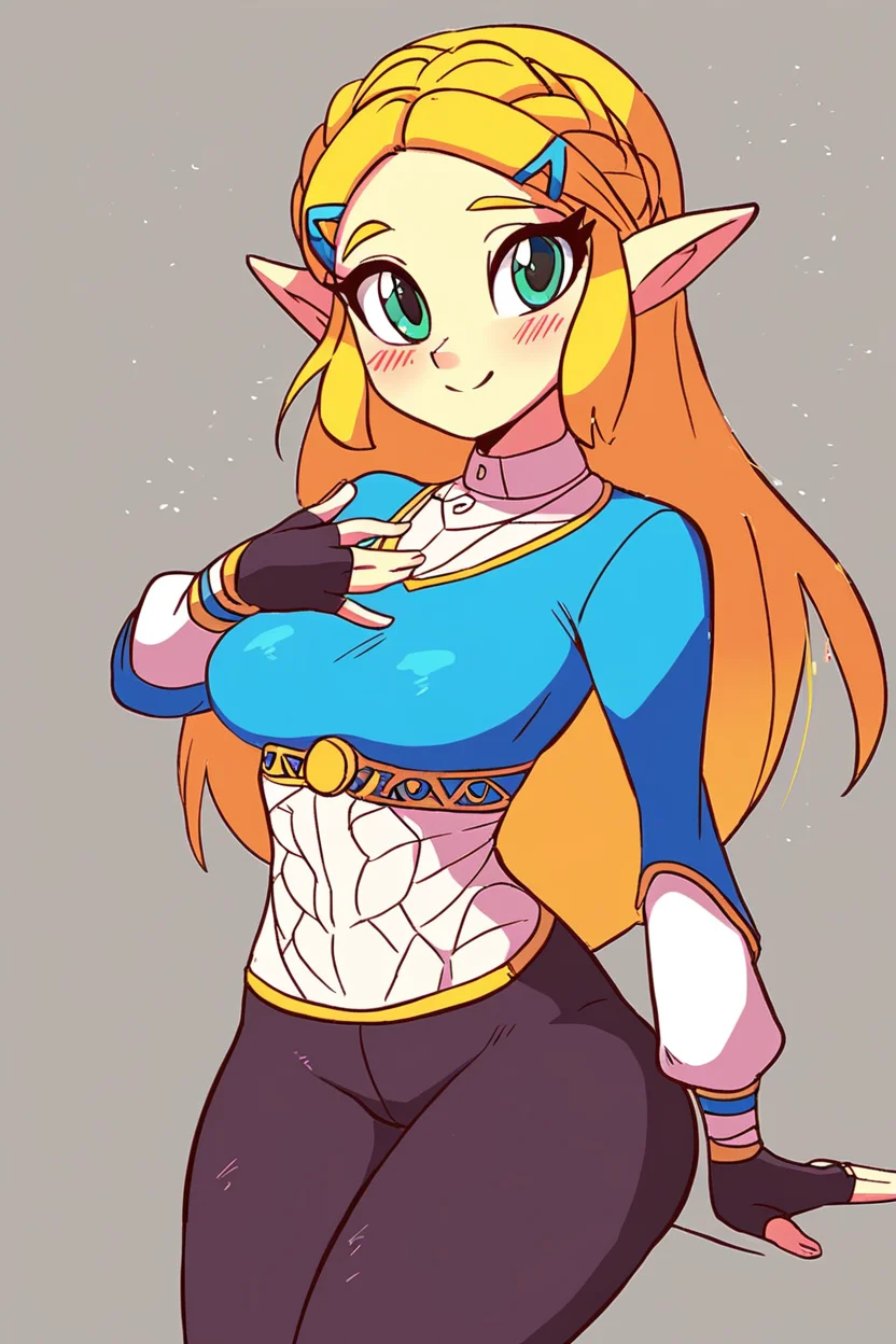 score_9, score_8_up, score_8, medium breasts, cute, eyelashes, princess zelda, long hair, crown braid, hairclip, pointy ears, blue shirt, long sleeves, fingerless gloves, black gloves, black pants, tight pants, green eyes, solo, looking at viewer, smile, blush, <lora:Diives_P1:0.8>,