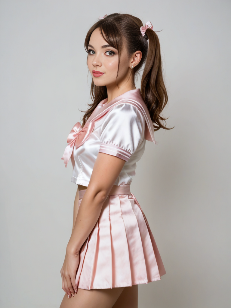 score_9, score_8_up, score_7_up, 1girl, solo, side view, realistic, cute 21-year-old blond cute woman with twintails and satin bows, wearing a satin schoolgirl uniform, satin pleated skirt, satin sailor collar blouse, bow ,high resolution,professional grade,RAW photography,,perfect eyes, bright lights
 <lora:Satin_Schoolgirl_epoch_1:1>