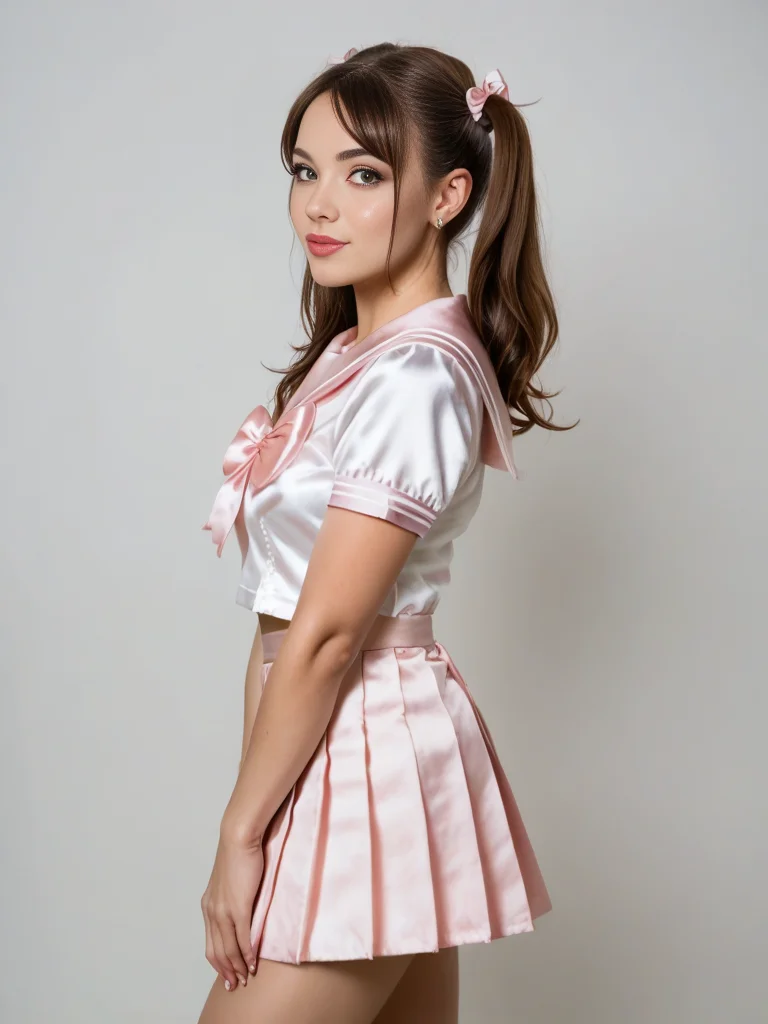 score_9, score_8_up, score_7_up, 1girl, solo, side view, realistic, cute 21-year-old blond cute woman with twintails and satin bows, wearing a satin schoolgirl uniform, satin pleated skirt, satin sailor collar blouse, bow ,high resolution,professional grade,RAW photography,,perfect eyes, bright lights
<lora:Satin_Schoolgirl_epoch_1:1>