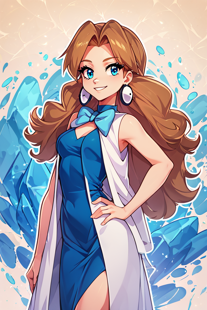 score_9, score_8_up, score_8, medium breasts, (curvy), cute, eyelashes,      rating safe,   BREAK,  <lora:Molly_Pokemon_PDXL:0.8>,  zzMolly,  blue eyes, brown hair, parted bangs, long hair,  blue dress, jewelry, earrings, blue bowtie, sleeveless, blue bow, white coat,   abstract blue crystal background, white outline,   smile, hand on hip,   <lora:CatalystStylePDXL:0.6>,  <lora:SDXLFaeTastic2400:0.5>,  <lora:Expressive_H-000001:0.4>,