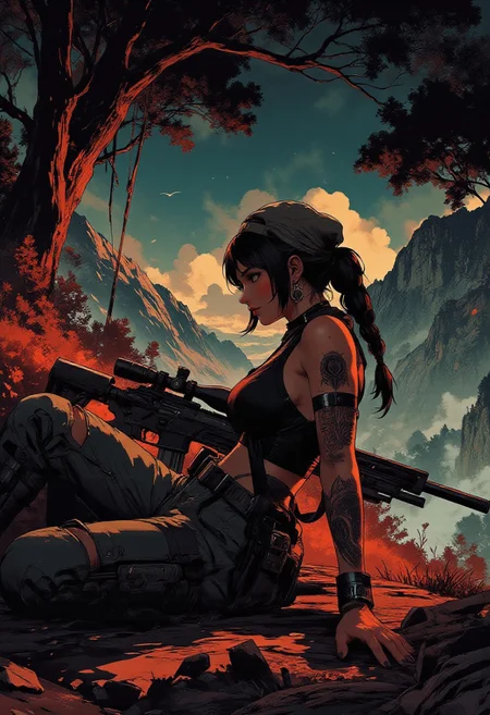 In the style of ff-td, nistyle, Silhouette Art, magnificent, crisp lines, closeup portrait of stunning mercenary, jungle, tropical, mountain top, overlooking a huge valley, beautiful girl, breasts, curvy, looking down scope, looking away from viewer, laying on the ground, laying ontop of jacket, aiming a sniper rifle, dark braided hair, backwards hat, armor, sleeveless, cutoff tanktop, holes ripped in pants, arm sleeve tattoos, muscle tone, dogtags, sweaty, foreshortening, depth of field, at night, night, tropical,
Closeup, detailed face, freckles,