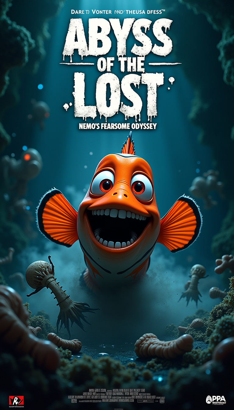 A photorealistic horror movie poster with the printed title: ["Abyss of the Lost: Nemo's Fearsome Odyssey"
In the foreground, a terrifying and mutated version of the clownfish Nemo is shown, his cheerful orange color now replaced with a sickly pale hue. His wide eyes are filled with terror, and his smile is twisted into a painful grimace. Surrounding him is a cloud of dark, ominous water, with fish bones and other marine life floating ominously.
The background is a vast, deep abyss, filled with twisted coral and shadows of terrifying sea creatures lurking in the depths. Bioluminescent organisms light up the dark water, giving it an eerie, otherworldly glow.
In large, bold letters, the new title "Abyss of the Lost" is written, with the subtitle "Nemo's Fearsome Odyssey" written underneath. The text is styled to look like it is submerged in water, giving it a marine-themed aesthetic, with the added touch of an unsettling splatter of dark liquid.
Below the title, in a smaller font, is the tagline "Dare to Venture into the Abyss" and the MPAA rating of "R" is prominently displayed in a warning red color.
With the instantly recognizable character in a fresh, terrifying perspective, the poster successfully captures the viewer's attention and sets the tone for an intense and horror-filled journey inspired by the original beloved movie.]