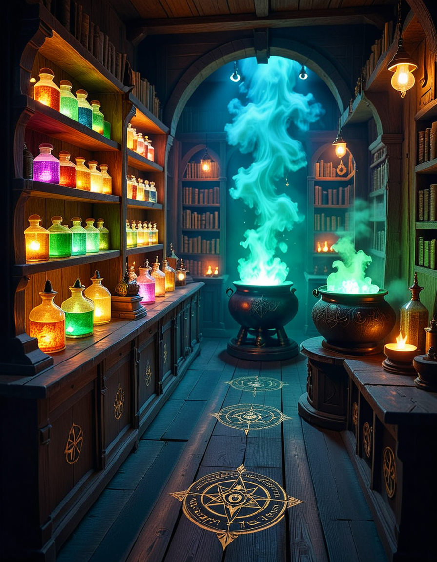 A dimly lit, mysterious alchemy shop filled with ancient books, glowing potions, and strange magical artifacts. Wooden shelves, covered in dust and cobwebs, are packed with glass bottles containing bubbling liquids in deep purples, shimmering golds, and eerie greens. The air is thick with swirling mist, and candlelight flickers, casting long shadows across the stone walls. In the foreground, an old wooden counter holds an open grimoire, alongside mortar and pestles, dried herbs, and mysterious symbols carved into the surface. Strange objects like a levitating crystal orb, a preserved dragonâs eye in a jar, and an enchanted dagger with glowing runes are displayed throughout the space. A bubbling cauldron in the corner emits a soft, eerie glow, illuminating the intricate arcane symbols on the floor. The atmosphere is dark, mystical, and full of ancient secrets, evoking a sense of forgotten magic and hidden knowledge.
<lora:SDXLFaeTastic2400:0.4> <lora:extremely_detailed:0.4> extremely detailed,<lora:mysterious_4lch3my_sh0p:1>,mysterious 4lch3my sh0p, Masterpiece,best quality,hi res,8k,hi res,8k,award winning,(sharp focus, intricate, highly detailed),