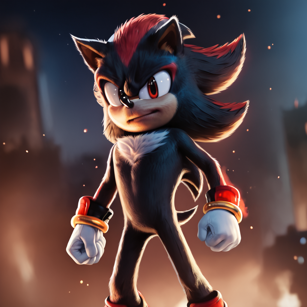 score_9_up, score_8_up, BREAK, no humans, ShadowtheEdgehog, 1boy, solo, black fur, red fur, furry male, furry mouth, animal ears, red eyes, white gloves, cowboy shot, depth of field, <lora:ShadowTheEdgehog_Movie3_PXL_Leaf1:1>, realistic, looking at viewer, night, moonlight,  dark aura, light particles, lighhtning,