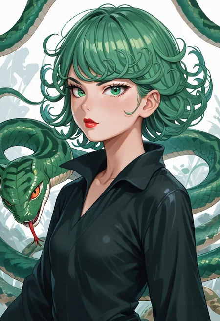 score_9,score_8_up,score_7_up,score_6_up,score_5_up,source_anime,1girl, 1girl, tatsumaki, green eyes, saitama outfit, shortstack, looking at viewer, bald girl, 19yo, lipstick , flirty, snake, snake on shoulders, upper body view,