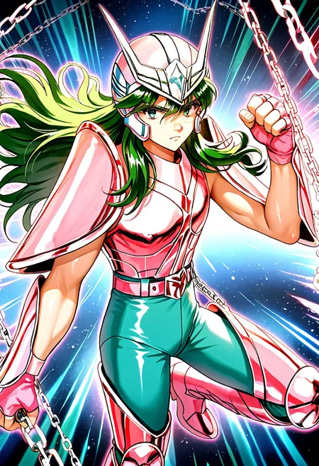 score_9, score_8_up, score_7_up, score_6_up, score_5_up, score_4_up, source_anime, 1boy, andromeda shun, anshun, toned male, (slim:1.3), (simple eyes:1.4), pink sleeveless armor, long wavy green hair, pink helmet with two prongs and silver accents, pink vambraces, large pink pauldrons, fingerless pink gloves, pink thighhigh greaves, green pants, pink boots, stylized belt buckle with silver and pink accents, 80's, retro aesthetic, action pose, hand up, (shiny:2), holding chains,