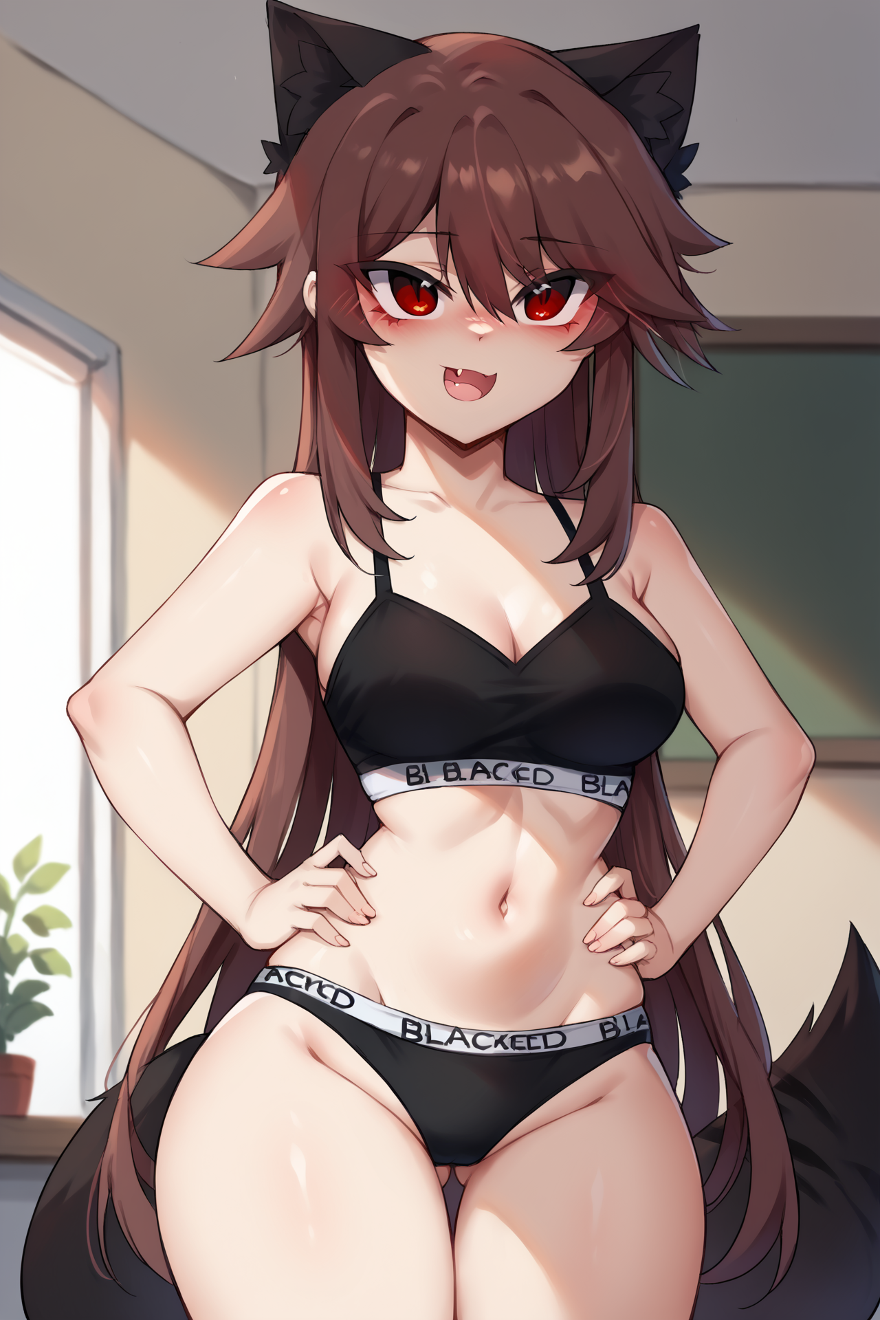 score_9, score_8_up, score_7_up, source_anime, 1girl, solo, <lora:Crdyiaa-OC_epoch_7:1.0>
crydiaa-oc, red eyes, animal ears, bangs, wolf tail, large tail, red hair, brown hair, wolf ears, hair between eyes, eyes visible through hair, fang, thighs, very long hair, blush, long hair, animal ear fluff, open mouth, smirk, 
looking at viewer, indoors, standing, 
 <lora:Lunas-Blackedwear-Concept-SDXL-A1:1> blackedwear, black underwear, underwear only, black bra, hands on own hips, wide hips, thighs, groin