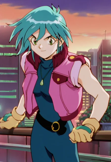 score_9, score_8_up, score_7_up, source_anime, 2gallenby, sleeveless jacket, sleeveless bodysuit, necklace, gloves, belt, cowboy shot, anime screencap, retro artstyle, 1990s (style),